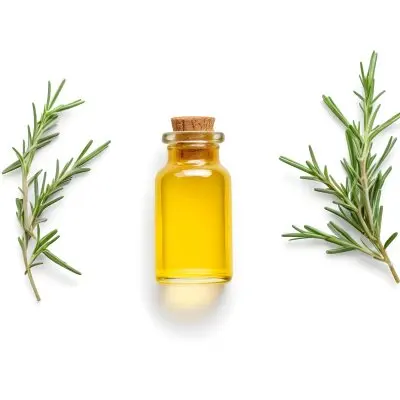 A Glass Bottle Filled With Yellow Essential Oil Surrounded By Sprigs Of Rosemary On A White Background 30 38fa