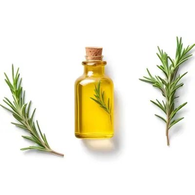 A Glass Bottle Filled With Yellow Essential Oil Surrounded By Sprigs Of Rosemary On A White Background 40 A6c1
