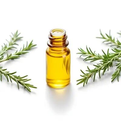 A Glass Bottle Filled With Yellow Essential Oil Surrounded By Sprigs Of Rosemary On A White Background 41 5eb5