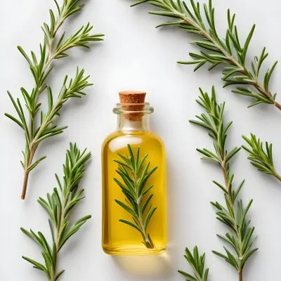 A Glass Bottle Filled With Yellow Essential Oil Surrounded By Sprigs Of Rosemary On A White Background 45 2c9a