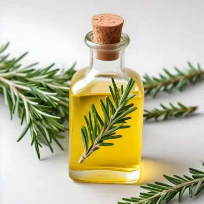 A Glass Bottle Filled With Yellow Essential Oil Surrounded By Sprigs Of Rosemary On A White Background 48 34e3