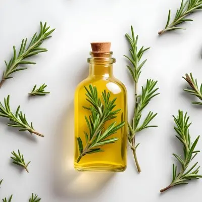 A Glass Bottle Filled With Yellow Essential Oil Surrounded By Sprigs Of Rosemary On A White Background 5 Bf96