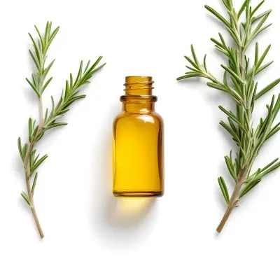 A Glass Bottle Filled With Yellow Essential Oil Surrounded By Sprigs Of Rosemary On A White Background 8 89b2