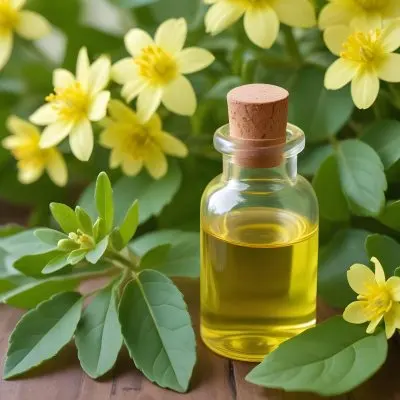A Glass Bottle Filled With Yellow Green Essential Oil Surrounded By Green Leaves And Yellow Flowers 10 B8aa