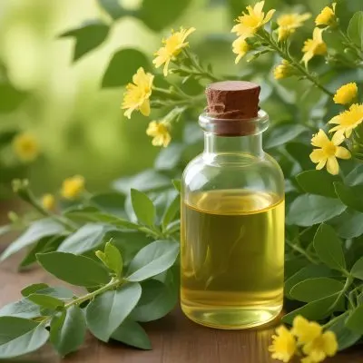 A Glass Bottle Filled With Yellow Green Essential Oil Surrounded By Green Leaves And Yellow Flowers 24 Eb69