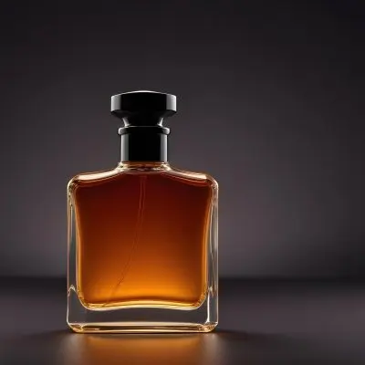 A Glass Bottle Of Amber Colored Perfume Or Cologne With A Black Cap 4 D3d1