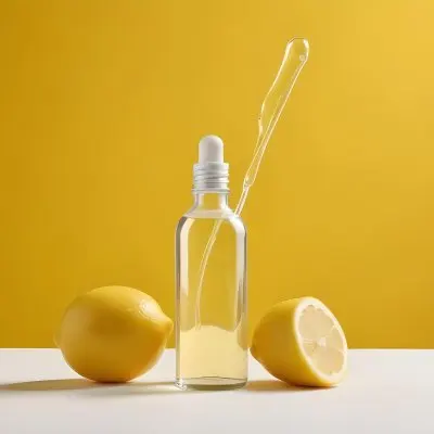 A Glass Bottle Of Clear Liquid With A Dropper Surrounded By Fresh Lemons On A White Surface Against A Yellow Background 4 5e7a