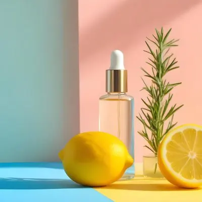 A Glass Bottle Of Essential Oil A Lemon And A Sprig Of Rosemary On A Blue And Pink Background 23