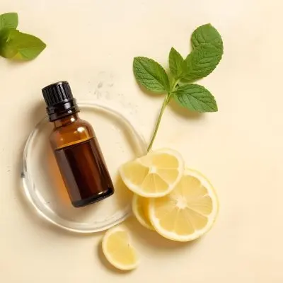 A Glass Bottle Of Essential Oil With Sliced Lemons And Fresh Mint Leaves On A Light Colored Textured Surface 1 D236