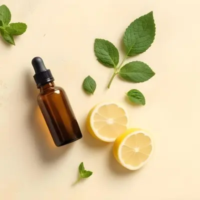 A Glass Bottle Of Essential Oil With Sliced Lemons And Fresh Mint Leaves On A Light Colored Textured Surface 10 F4ff