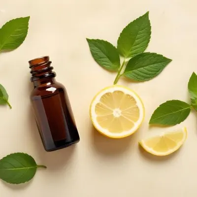 A Glass Bottle Of Essential Oil With Sliced Lemons And Fresh Mint Leaves On A Light Colored Textured Surface 11 7a8f