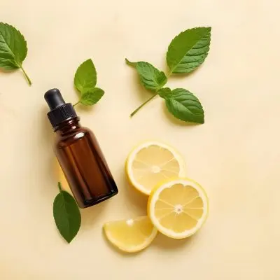 A Glass Bottle Of Essential Oil With Sliced Lemons And Fresh Mint Leaves On A Light Colored Textured Surface 12 A1c6