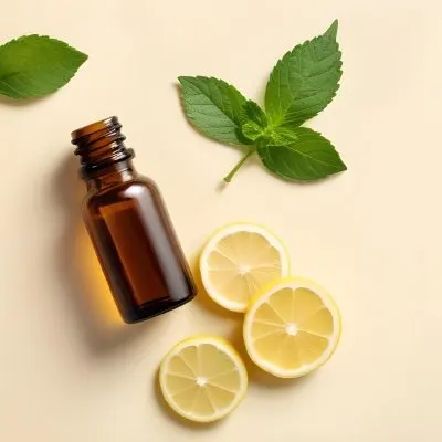 A Glass Bottle Of Essential Oil With Sliced Lemons And Fresh Mint Leaves On A Light Colored Textured Surface 13 9141