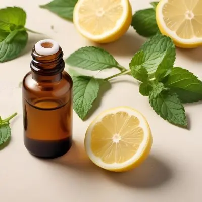 A Glass Bottle Of Essential Oil With Sliced Lemons And Fresh Mint Leaves On A Light Colored Textured Surface 14 60eb