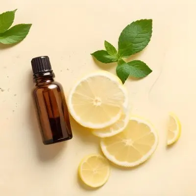 A Glass Bottle Of Essential Oil With Sliced Lemons And Fresh Mint Leaves On A Light Colored Textured Surface 15