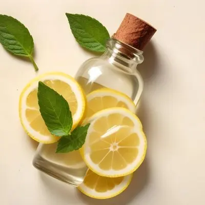 A Glass Bottle Of Essential Oil With Sliced Lemons And Fresh Mint Leaves On A Light Colored Textured Surface 16 54b1