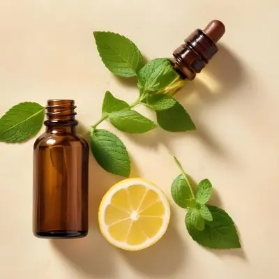 A Glass Bottle Of Essential Oil With Sliced Lemons And Fresh Mint Leaves On A Light Colored Textured Surface 2 F2f8