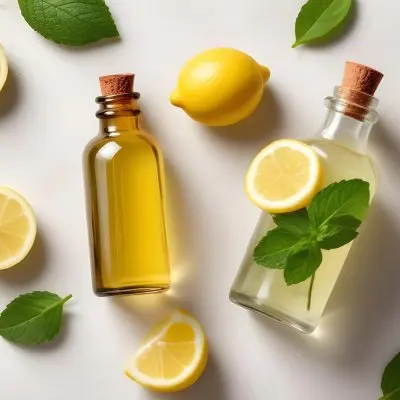 A Glass Bottle Of Essential Oil With Sliced Lemons And Fresh Mint Leaves On A Light Colored Textured Surface 4 9539