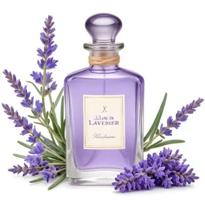 A Glass Bottle Of Lavender Perfume Surrounded By Fresh Lavender Flowers 1