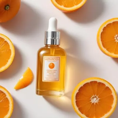 A Glass Bottle Of Orange Colored Facial Oil Or Serum Surrounded By Sliced Oranges On A White Background 11 515d