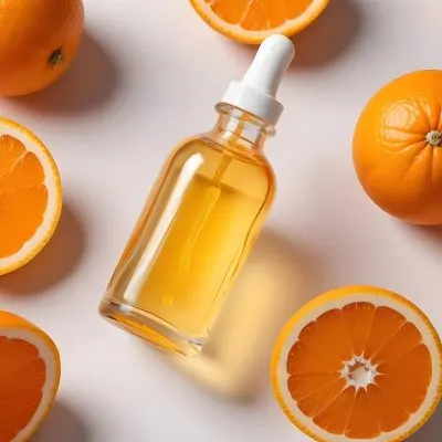 A Glass Bottle Of Orange Colored Facial Oil Or Serum Surrounded By Sliced Oranges On A White Background 13 2221