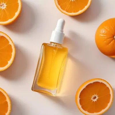 A Glass Bottle Of Orange Colored Facial Oil Or Serum Surrounded By Sliced Oranges On A White Background 18 843a