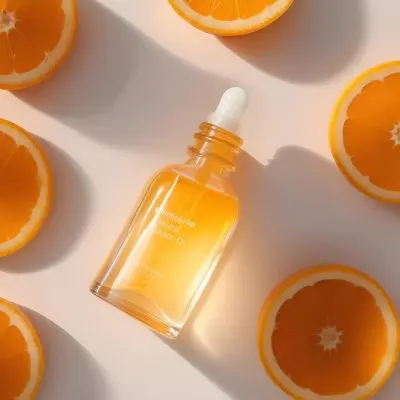 A Glass Bottle Of Orange Colored Facial Oil Or Serum Surrounded By Sliced Oranges On A White Background 20 6a37