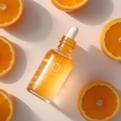 A Glass Bottle Of Orange Colored Facial Oil Or Serum Surrounded By Sliced Oranges On A White Background 21 C7b5