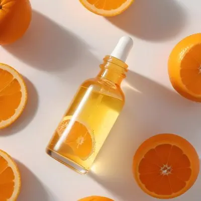 A Glass Bottle Of Orange Colored Facial Oil Or Serum Surrounded By Sliced Oranges On A White Background 6 Beb7