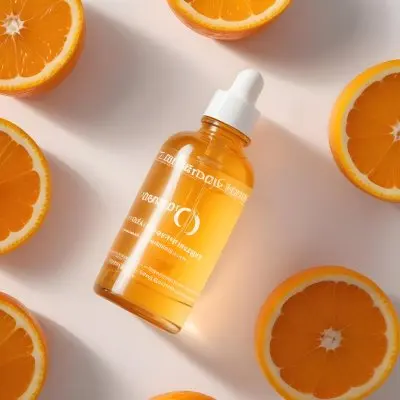 A Glass Bottle Of Orange Colored Facial Oil Or Serum Surrounded By Sliced Oranges On A White Background 7 C3d9