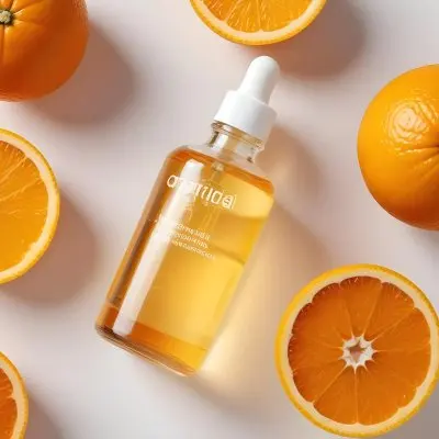 A Glass Bottle Of Orange Colored Facial Oil Or Serum Surrounded By Sliced Oranges On A White Background 8 D9ae