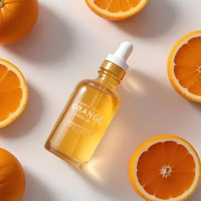 A Glass Bottle Of Orange Colored Facial Oil Or Serum Surrounded By Sliced Oranges On A White Background 9 02fb