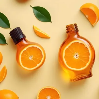 A Glass Bottle Of Orange Essential Oil Surrounded By Fresh Orange Slices On A Light Yellow Background 10 53ac