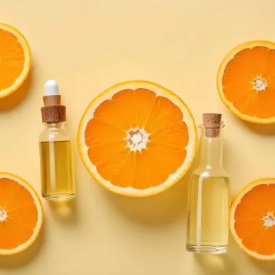 A Glass Bottle Of Orange Essential Oil Surrounded By Fresh Orange Slices On A Light Yellow Background 11 1c76