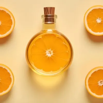 A Glass Bottle Of Orange Essential Oil Surrounded By Fresh Orange Slices On A Light Yellow Background 12 Dfef