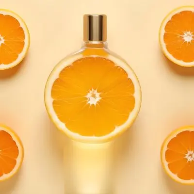 A Glass Bottle Of Orange Essential Oil Surrounded By Fresh Orange Slices On A Light Yellow Background 13 9652
