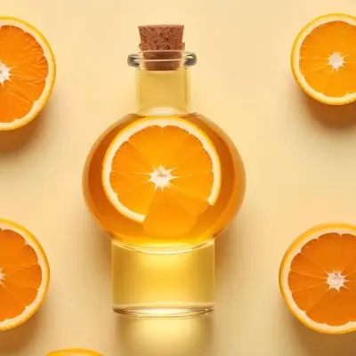 A Glass Bottle Of Orange Essential Oil Surrounded By Fresh Orange Slices On A Light Yellow Background 14 03ef