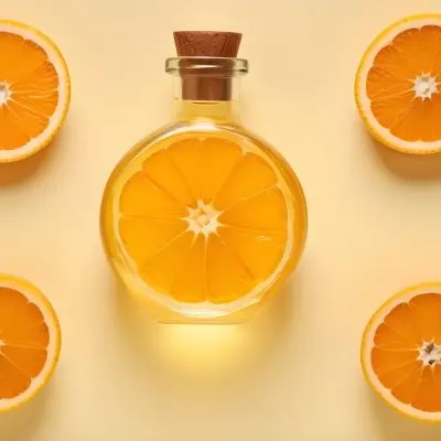 A Glass Bottle Of Orange Essential Oil Surrounded By Fresh Orange Slices On A Light Yellow Background 4