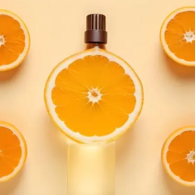 A Glass Bottle Of Orange Essential Oil Surrounded By Fresh Orange Slices On A Light Yellow Background 5 98c6