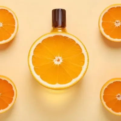 A Glass Bottle Of Orange Essential Oil Surrounded By Fresh Orange Slices On A Light Yellow Background 8 3f39
