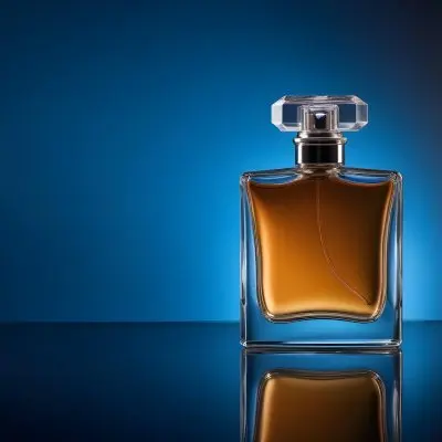 A Glass Bottle Of Perfume On A Reflective Surface With A Blue And Dark Background 1 F369