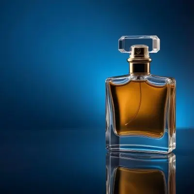 A Glass Bottle Of Perfume On A Reflective Surface With A Blue And Dark Background 10 30ed