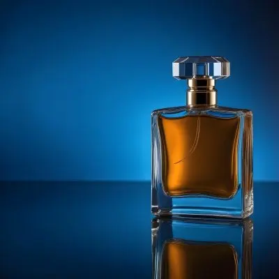A Glass Bottle Of Perfume On A Reflective Surface With A Blue And Dark Background 12 Be88