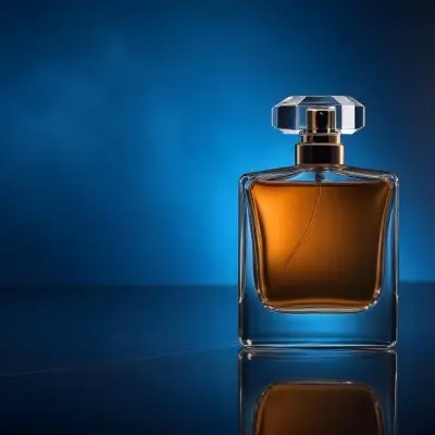 A Glass Bottle Of Perfume On A Reflective Surface With A Blue And Dark Background 16 437d
