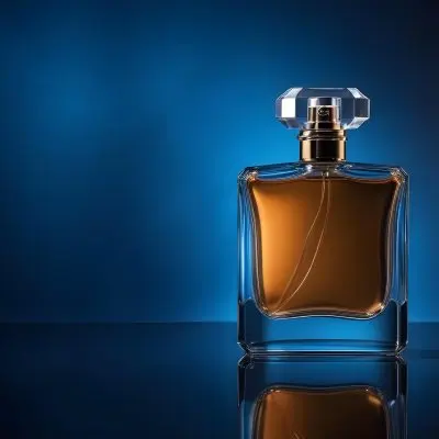 A Glass Bottle Of Perfume On A Reflective Surface With A Blue And Dark Background 17 0ce1