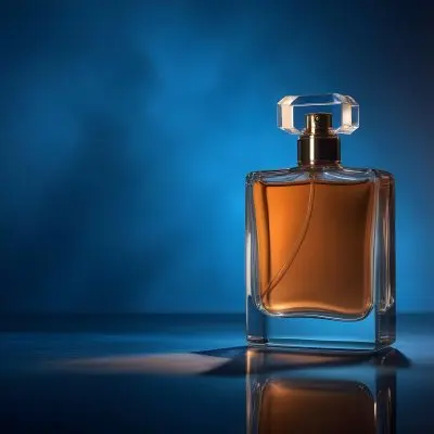 A Glass Bottle Of Perfume On A Reflective Surface With A Blue And Dark Background 20 A4b2