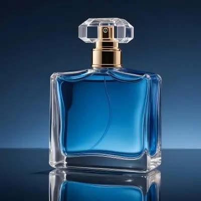 A Glass Bottle Of Perfume On A Reflective Surface With A Blue And Dark Background 4 1496