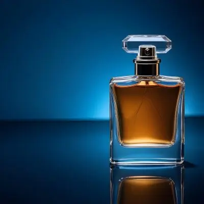 A Glass Bottle Of Perfume On A Reflective Surface With A Blue And Dark Background 5 5266