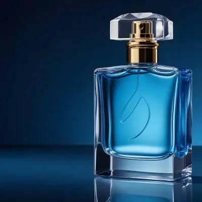 A Glass Bottle Of Perfume On A Reflective Surface With A Blue And Dark Background 6 1aa6