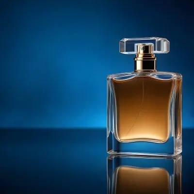 A Glass Bottle Of Perfume On A Reflective Surface With A Blue And Dark Background 7 1bae